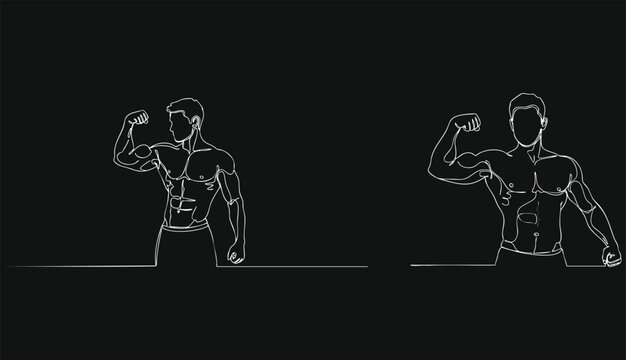Continuous single line drawing of fit man flexing arm muscles, line art vector
