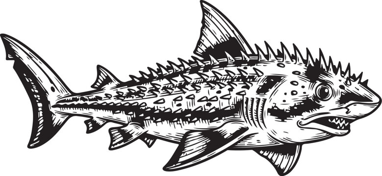Detailed black and white illustration of a spiny dogfish shark swimming gracefully hand drawing illustration vector