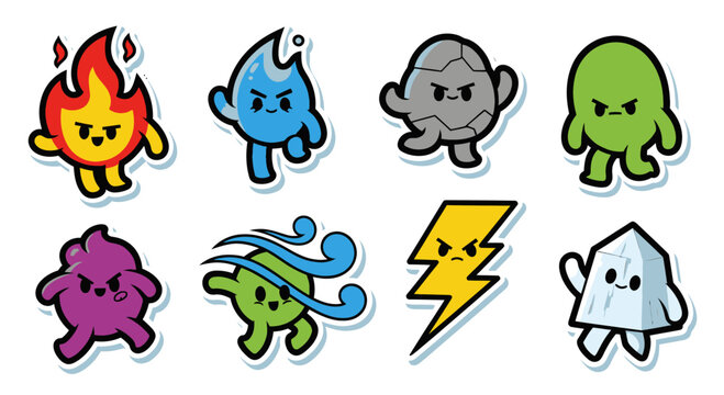 Cute Elemental Characters Sticker Pack, Cartoon Style