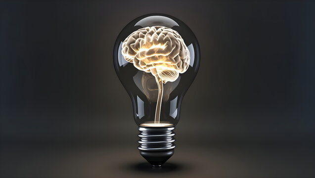 Glowing 3D Brain Inside a Light Bulb on Dark Background