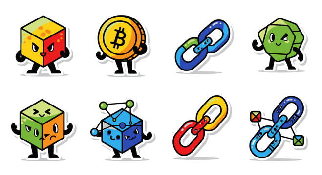 Crypto Blockchain Characters: Bitcoin, Dice, Links, Network Nodes