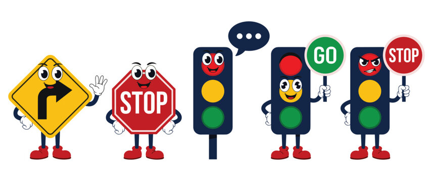 Traffic signals and signs with faces, conveying stop and go.