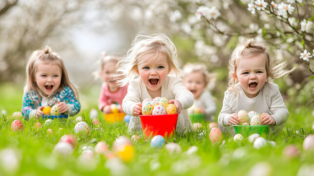 Excited young children happily collecting colorful easter eggs together in a blossoming spring garden.