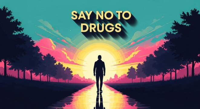 Man Walking Away From Sunset With Say No To Drugs Slogan For Anti Drug Campaigns