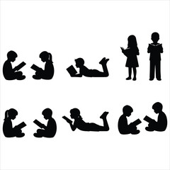 Collection of boys and girls sitting, standing, and lying down while reading Vector illustration. © Dipto