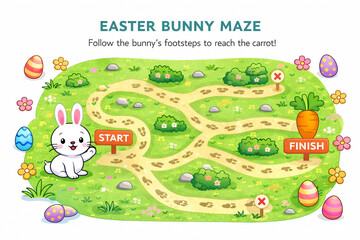 Naklejka premium Easter Maze Game for Kids – Spring Bunny Printable Activity Worksheet 
