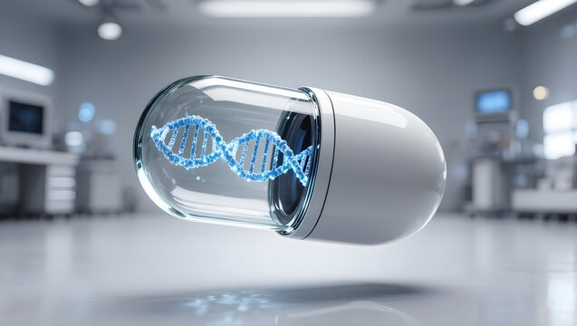 Gene Therapy and Biotechnology Concept with DNA Molecule inside a Pill