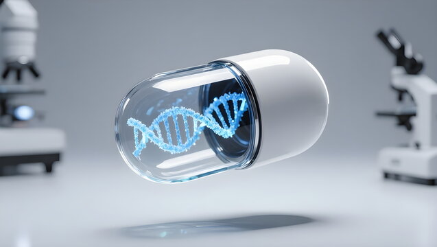 3D Render of Transparent Medical Capsule Containing Glowing Blue DNA Strand