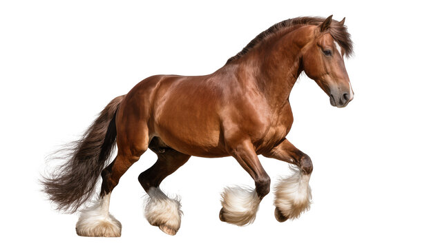 Bay Shire horse trotting forward, displaying feathered white socks and a long black mane