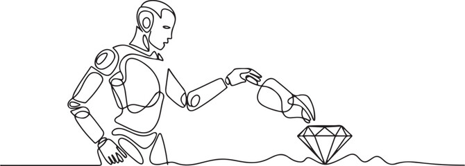 Fototapeta premium Single continuous line drawing robot digging hole and find diamond from ground. Modern robotic artificial intelligence. Electronic technology industry. One line draw graphic design vector