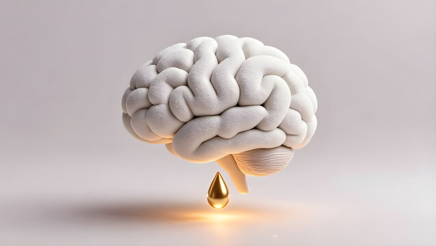 3D White Human Brain Dripping a Golden Drop Concept
