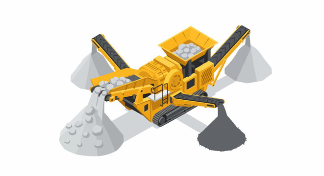 Isometric Mobile Stone Crusher and Heavy Duty Mining Machinery Illustration on White Background