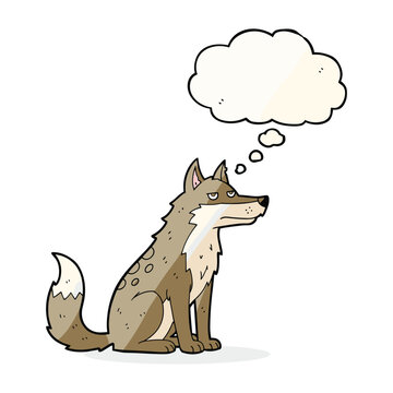 A cartoon illustration of a grey and green wolf sitting with a large thought bubble above its head