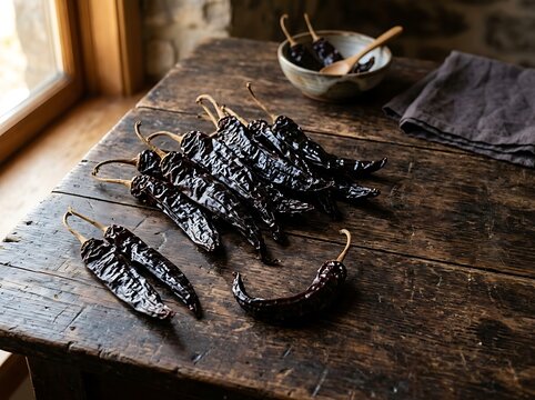 A rustic arrangement of dried chile pasilla peppers laid on an aged wooden kitchen table near a ceramic bowl with a wooden spoon in warm natural light