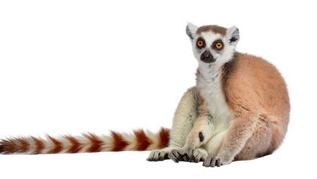 Ringtailed lemur sitting displaying fluffy fur, long striped tail