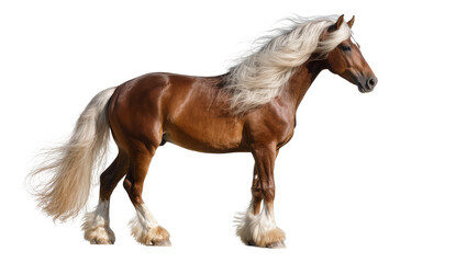 Majestic brown Clydesdale horse standing, displaying long flowing mane and feathered legs © Eva