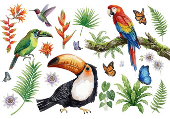 Naklejka premium Watercolor tropical birds collection with macaw parrot, toucan, hummingbird, exotic flowers, and palm leaves isolated on white background.
