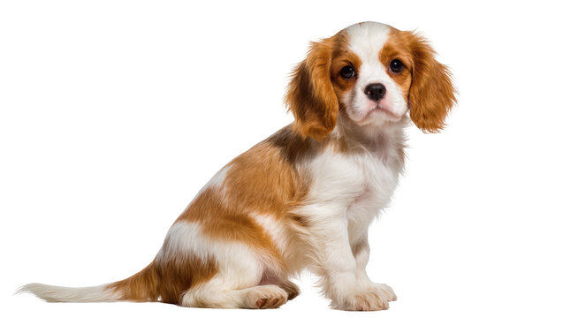Fluffy Cavalier King Charles Spaniel puppy sitting displaying brown white, and tan fur
