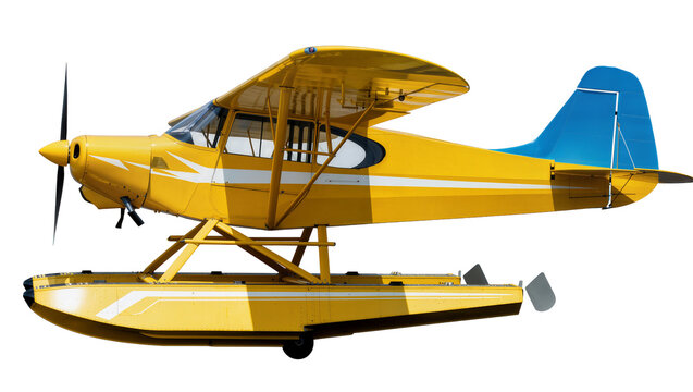 Yellow vintage seaplane with blue tail, featuring propeller and floatation pontoons