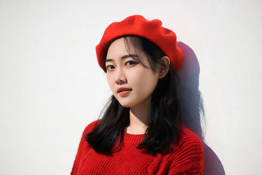 A young woman wearing a red beret and a red sweater is posing against a white wall.