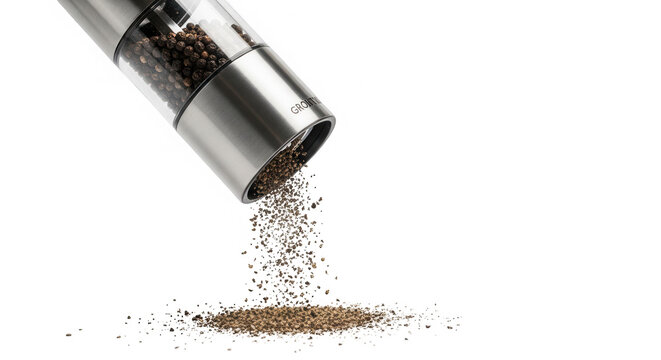 A modern stainless steel pepper mill grinding freshly cracked black peppercorns onto a surface isolated on transparent background