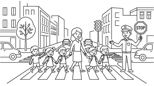 Police officer helping children cross street at pedestrian walkway.