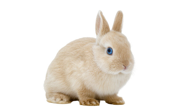 Fluffy beige rabbit sitting attentively, displaying soft fur and alert blue eyes