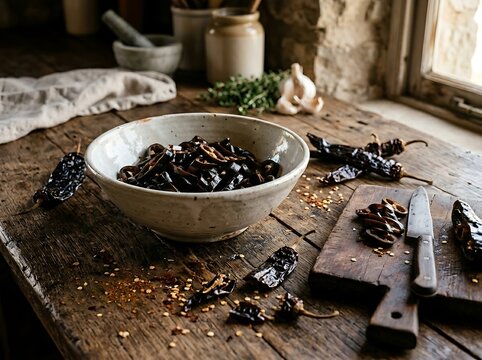 A rustic kitchen scene featuring a ceramic bowl filled with chopped chile pasilla alongside dried whole peppers, a wooden cutting board, and a knife.