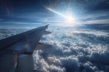 Obraz premium Airplane wing piercing bright sun, vast cloudscape below in a brilliant blue sky