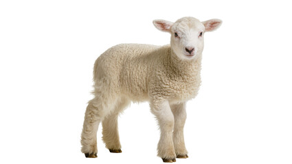Fototapeta premium Fluffy young lamb standing, gazing forward with curious eyes