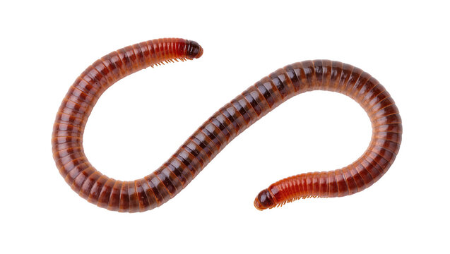 Curled dark brown earthworm displaying segmented body, resting on a plain surface