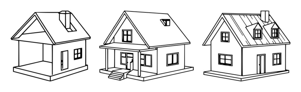 3D-printed house model set with geometric lines and uniform stroke on white background featuring 3D-printed, house, construction tech with vector illustration and icon