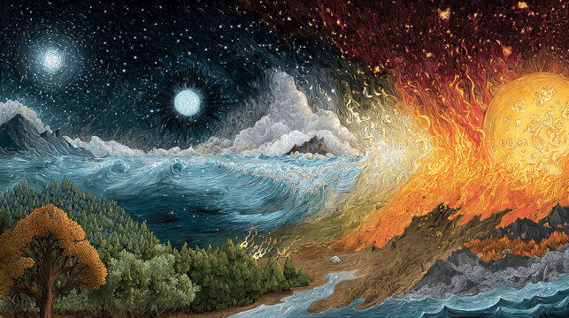 Vibrant illustration depicting the contrast between fire and water, showcasing a cosmic landscape with celestial bodies, mountains, and waves, symbolizing the balance of nature's elements