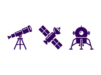 Space Exploration Equipment Silhouette Icons Set with Telescope Satellite and Moon Lander Vector Symbols for Astronomy Science and Research © Zhangxiao