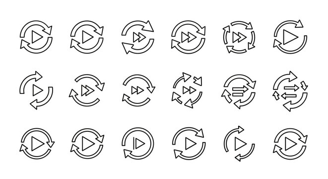 Digital Play, Refresh, and Repeat Controls Line Icons Set