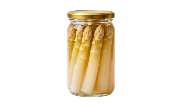 Pickled asparagus spears submerged in clear brine, sealed in a golden glass jar