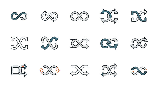 Infinity and Shuffle Arrows Vector Icons Set: Loop, Random, Repeat Symbols