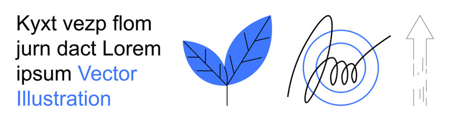 Nature, creativity, growth, abstract design, conceptual innovation, direction. A blue leaf, abstract scribble encircled and a dashed upward arrow. Nature and creativity in abstract concepts © robu_s