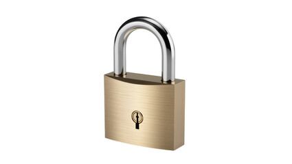 Naklejka premium Shiny brass padlock with silver shackle, displaying a keyhole symbol