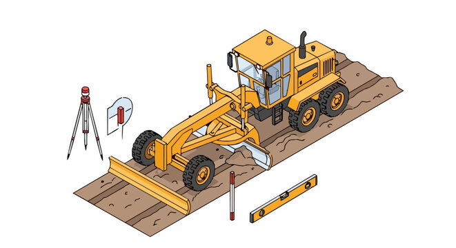 Isometric Illustration of Yellow Motor Grader and Surveying Equipment for Road Construction and Civil Engineering Projects