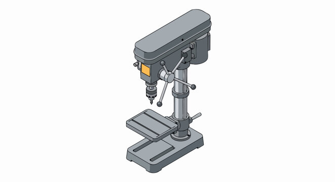 Isometric Bench Drill Press Illustration Isolated on White Background. Industrial Workshop Equipment for Woodworking and Metalworking Projects.