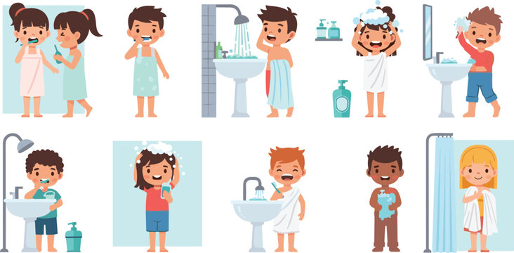Kids Daily Hygiene Routine Character Set Featuring Cute Children Brushing Teeth Washing Hair Showering and Bathroom Activities for Educational Health Guides
