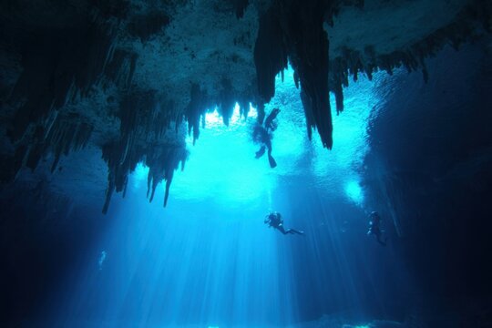 Research diver documenting cenote rock formations and collecting samples with camera and instruments, methodical survey in crystal clear blue water, focused scientific atmosphere and careful