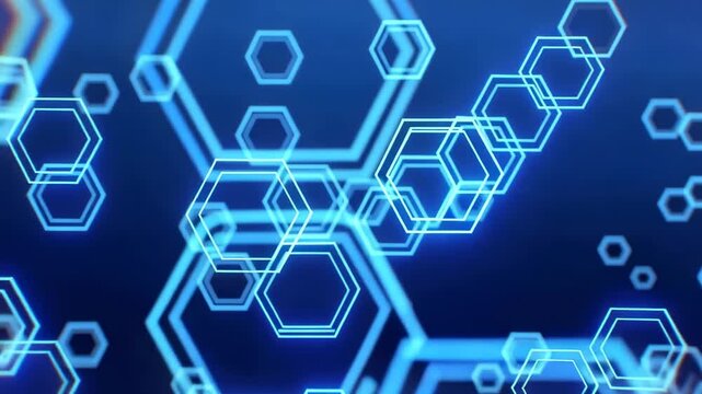 This captivating features a chain of glowing blue hexagons on a dark blue background, creating a visually striking representation of technology and innovation. The hexagons are interconnected
