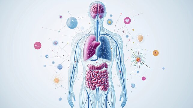 Medical infographic illustration of a transparent human body silhouette showing all organs affected by systemic lupus erythematosus, heart lungs kidneys brain skin and joints highlighted 