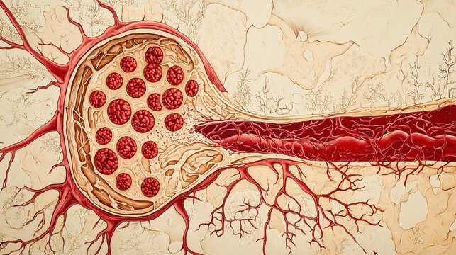Breathtaking cross-section scientific illustration of an inflamed blood vessel in lupus vasculitis, immune complexes deposited on vessel walls, red blood cells flowing inside