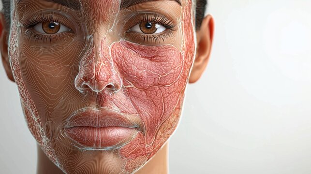 Medical illustration of a female face showing lupus butterfly rash across nose and cheeks, anatomical cross-section layers of skin inflammation visible, labeled diagram style
