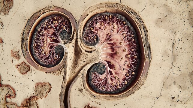 Illustration of a kidney glomerulus being destroyed by lupus nephritis immune deposits, capillary loops with inflammatory infiltration, surrounding Bowman capsule visible