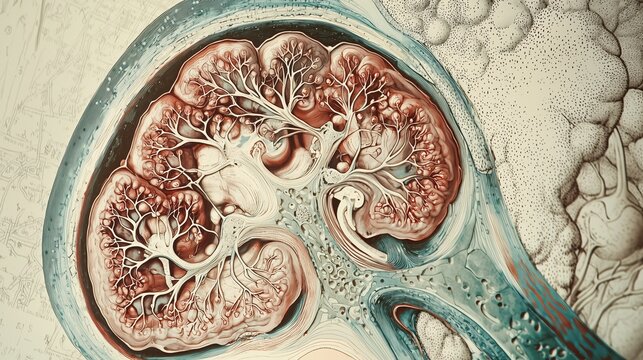 Illustration of a kidney glomerulus being destroyed by lupus nephritis immune deposits, capillary loops with inflammatory infiltration, surrounding Bowman capsule visible