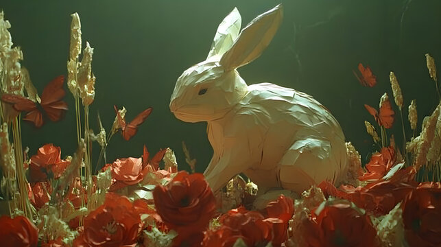White paper rabbit sits peacefully among vibrant red poppies and wildflowers in a dark meadow.